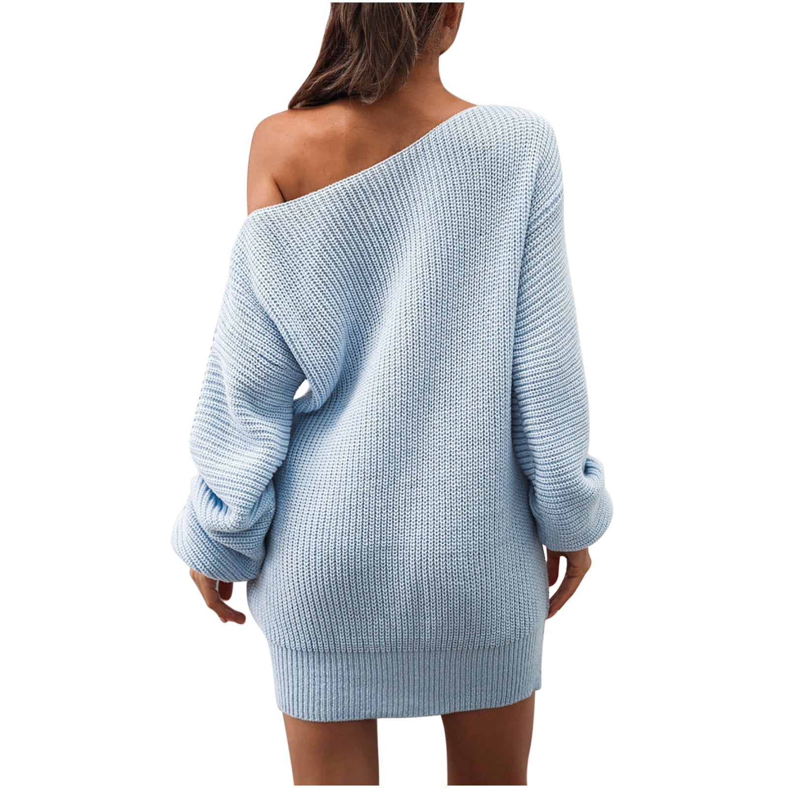 Sentmoon Casual Sweater Dress for Women Long Sleeve Off Shoulder Fall Dresses for Women 2024 Cold Shoulder Fashion Knitted Short Dresses,Loose Flowy Fashion Women Clothing Sky Blue S Fall Saving