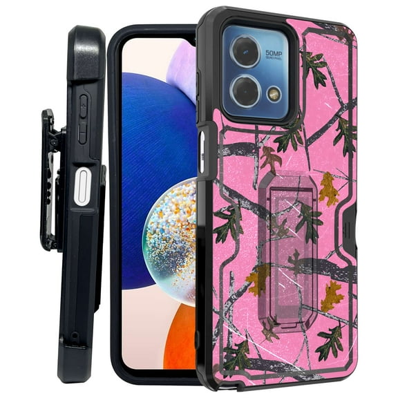 ANJ  Rugged Shockproof Kickstand Hybrid Case with Card Slot and Holster   Tempered Glass Cover for Motorola Moto G Stylus 5G (2023) - Pink Tree