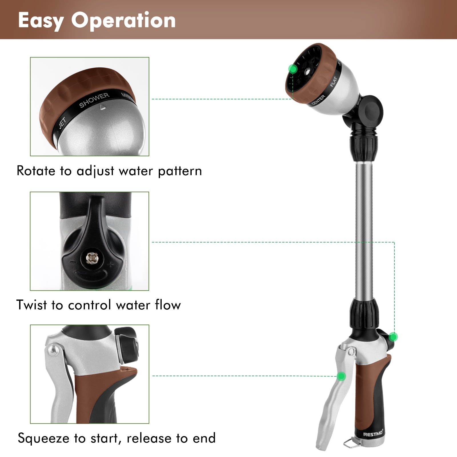 Restmo Heavy Duty Metal Watering Wand ,16-Inch Garden Hose Sprayer with 180° Swivel Head, 7 Spray Patterns & Flow Control, Brown