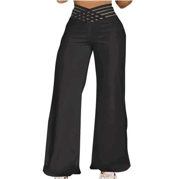 Arnsht Women's Solid Color Hollow Belt High Waist Casual Straight Loose Comfortable Breathable Trousers Wide Leg Pants Black S