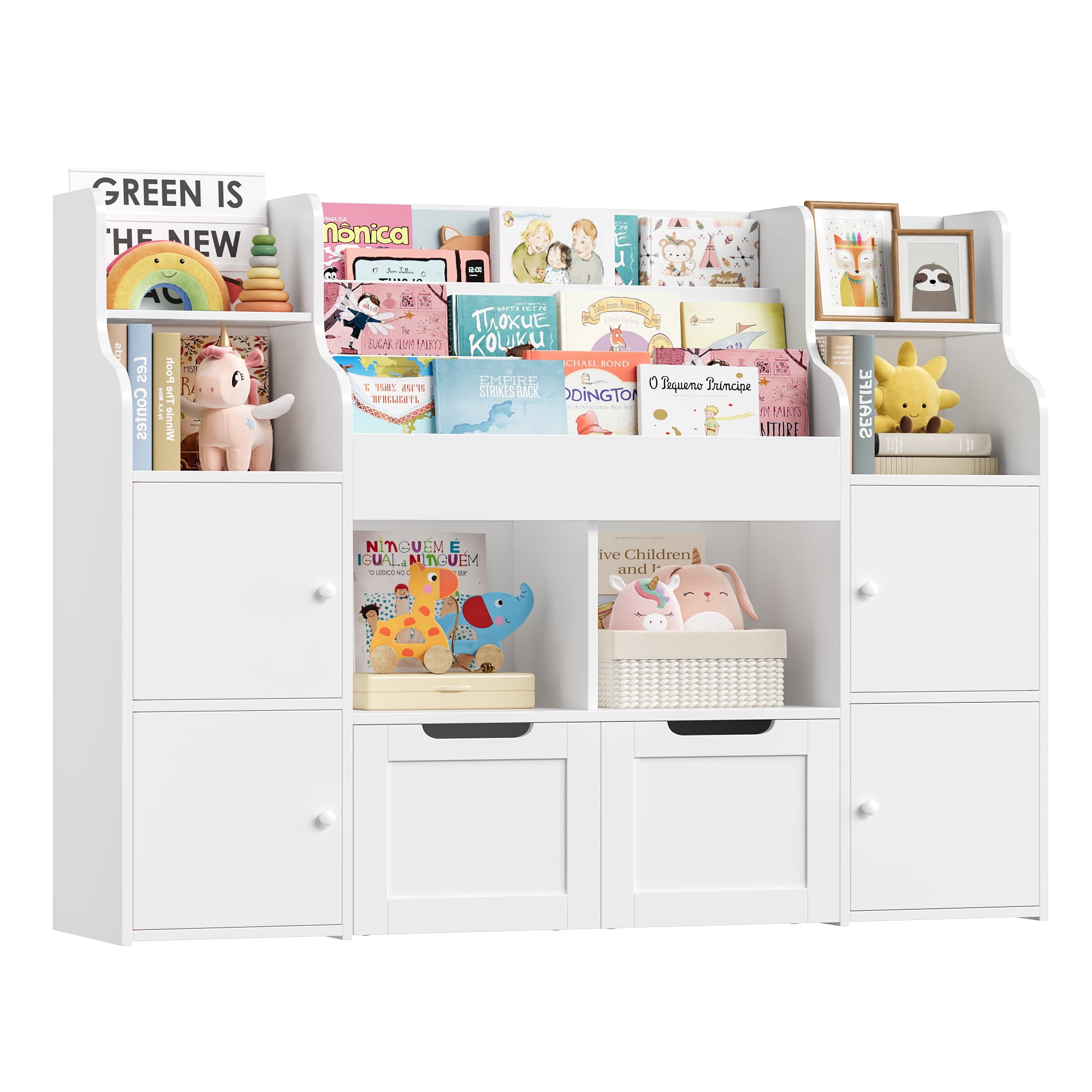 Homfa 4 Doors Kids Bookcase with 3 Tier Book Racks & 2 Mobile Drawers, 4 Cube Bookshelves Toy Storage Organizer for Playroom Kids Room, White