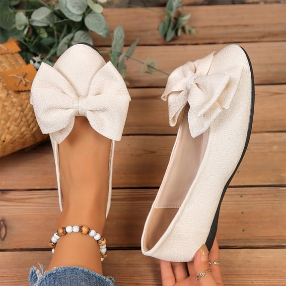 ZunFeo Womens Ballet Flats with 3D Bow, Comfortable Padded Slip On Flats for Women, Elegant White Velvet Soft Round Toe Shoes, Non-Slip Sole,Size 6