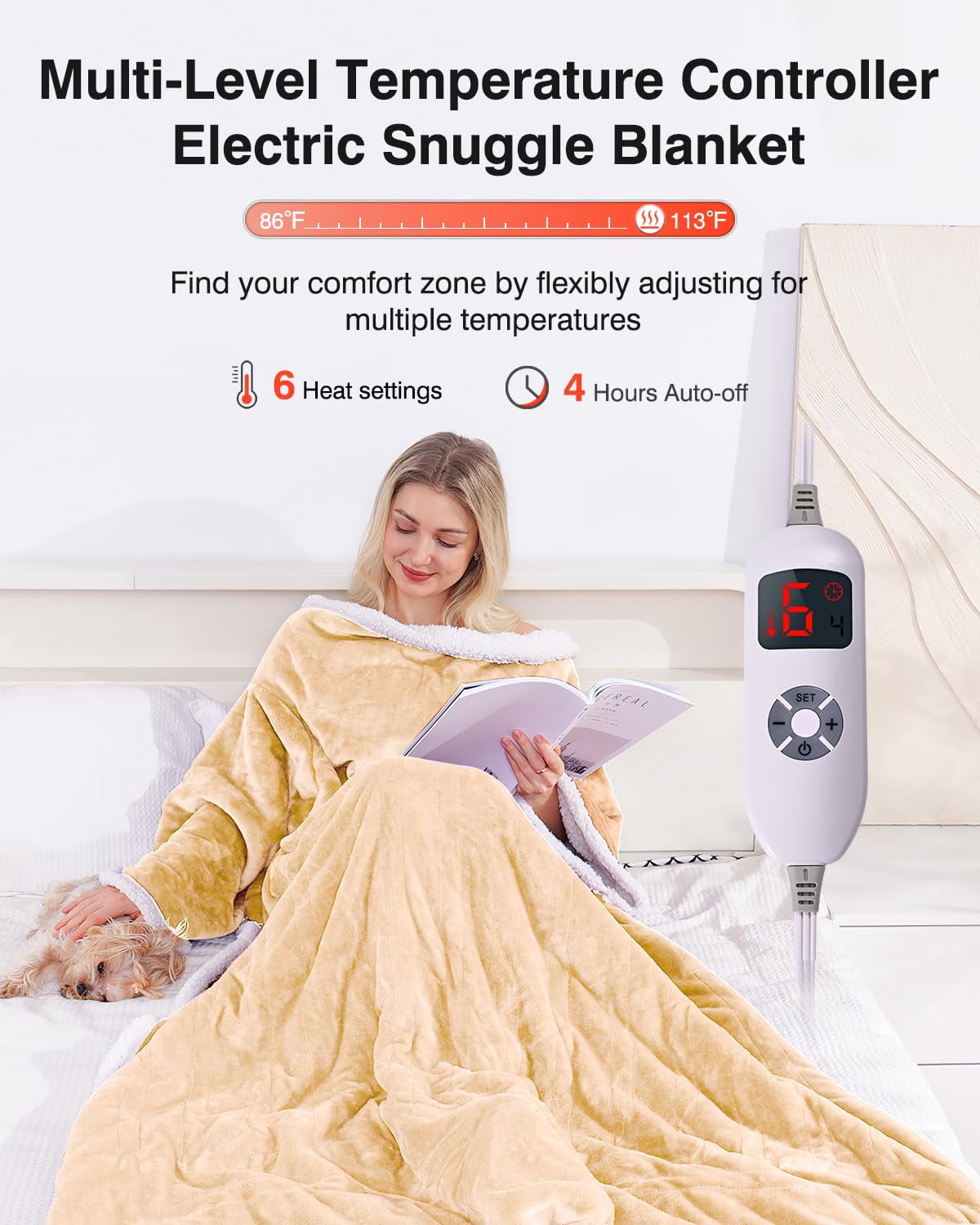 Ocuuziisu Wearable Heated Throw Blanket with Pockets, 50" x 70" Flannel and Sherpa Electric Wrap Poncho Shawl, 4-Hour Auto Shut Off, Machine Washable, Beige