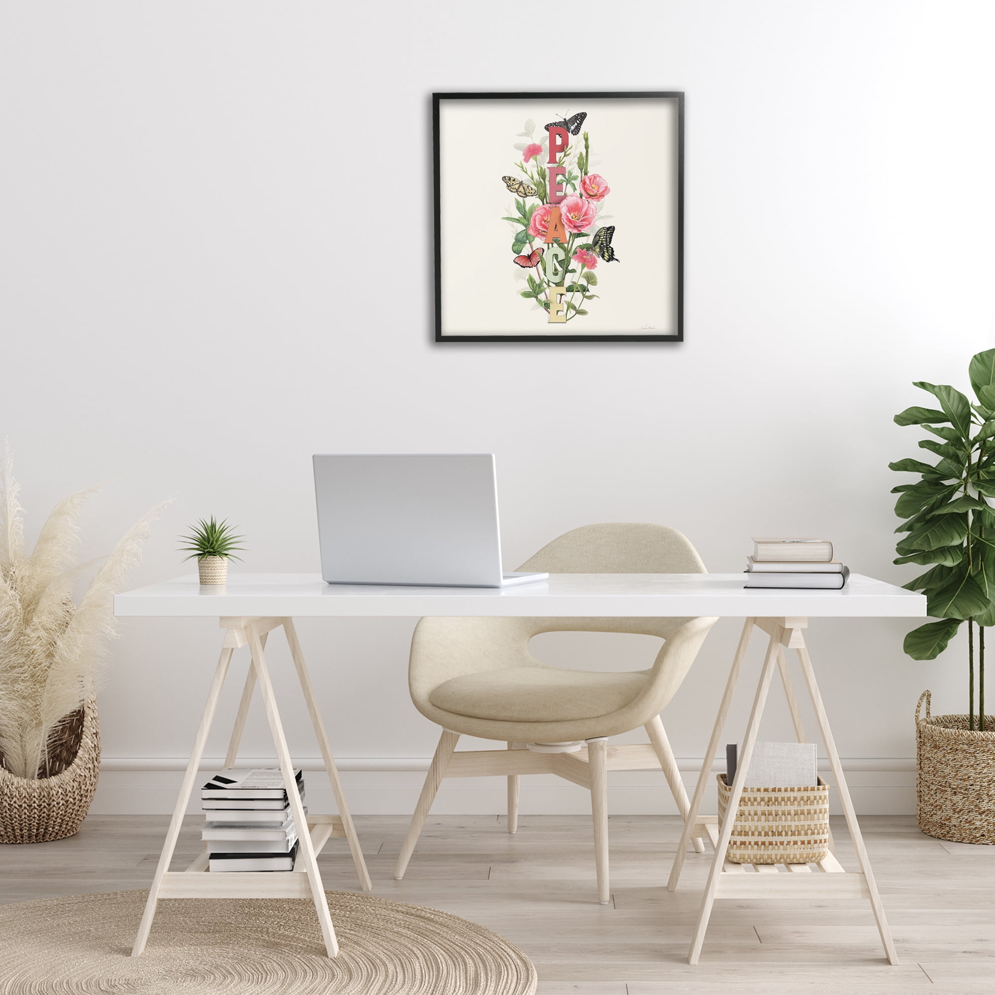 Stupell Industries Peace with Butterflies Botanical & Floral Painting Black Framed Art Print Wall Art, 24 x 24