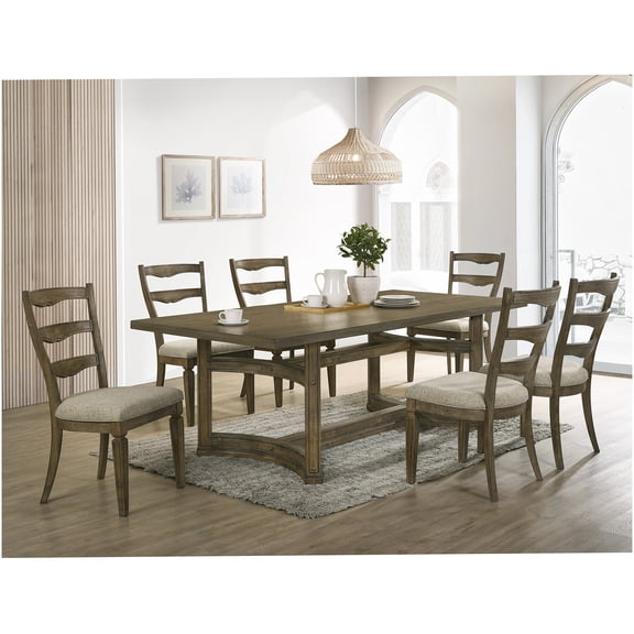 7-Piece Weathered Oak Dining Set with Table and 6 Upholstered Chairs, Light Brown Fabric