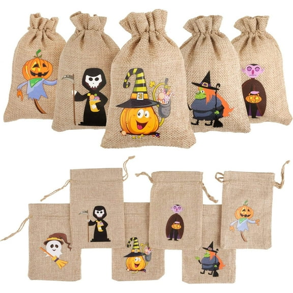48 Pcs Halloween Brulap Treat Bags,4" x 6" Small Gift Bags Goodie Bags with Drawstring Halloween Party Bag Candy Bag