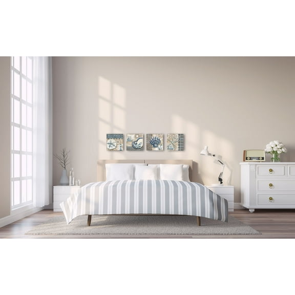 Gango Home Decor Nautical Coastal Seashell Wall Art; Four Blue 8x8in Wood Mounted Prints