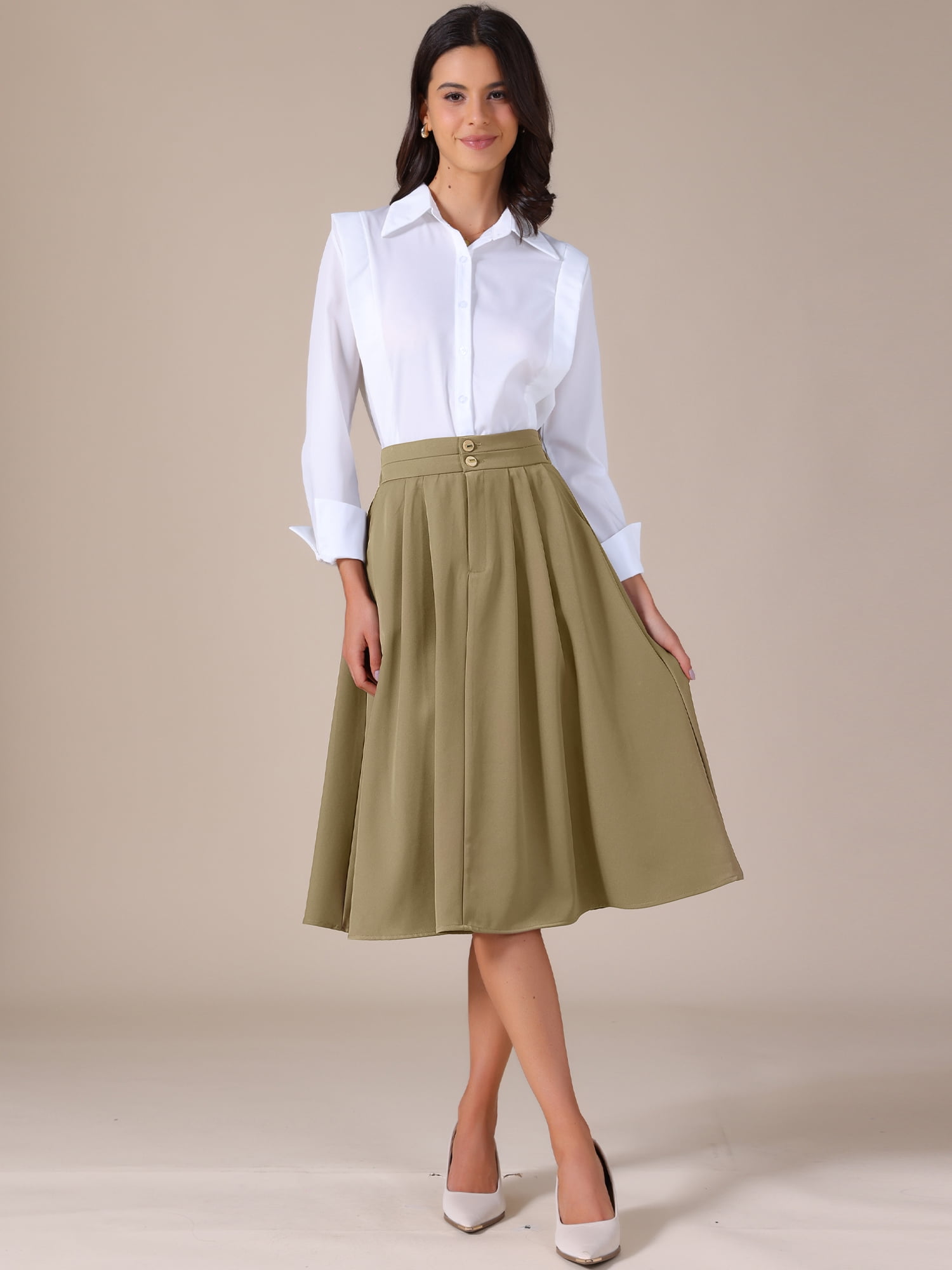 DARING DIVA Women's Flowy A-Line Business Work Skirt with Pockets X-Large Khaki