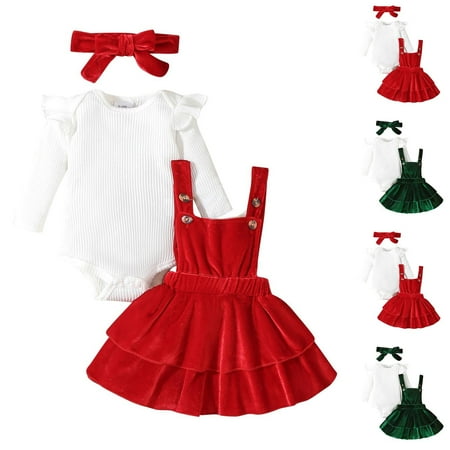 THDHVS Toddler Girl Outfits Outfits for Girls 3PC Christmas Outfit for Toddler Girls with Long Sleeve Bodysuit and Adjustable Skirt with Hairband for Holiday Photos Red 6-12 Months