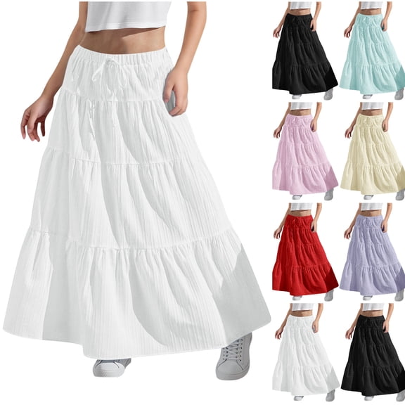 Ankle-Length Skirts for Girls Elastic Waist Drawstring Skirts Tiered Pleated Skirts Summer Solid Color Long Skirts