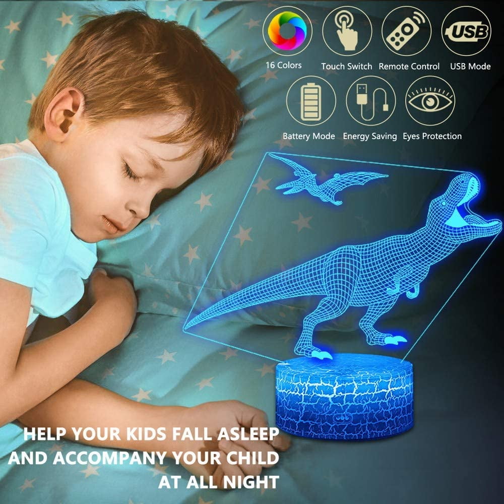 4 PCS 3D Triceratops LED Lamp Cool 3D Tyrannosaurus Rex Pterosaur Night Light for Boys Girls and Kids Toys Birthday Xmas Gift 16 Color Changing Light with Remote Control BLUELAMP 5656 