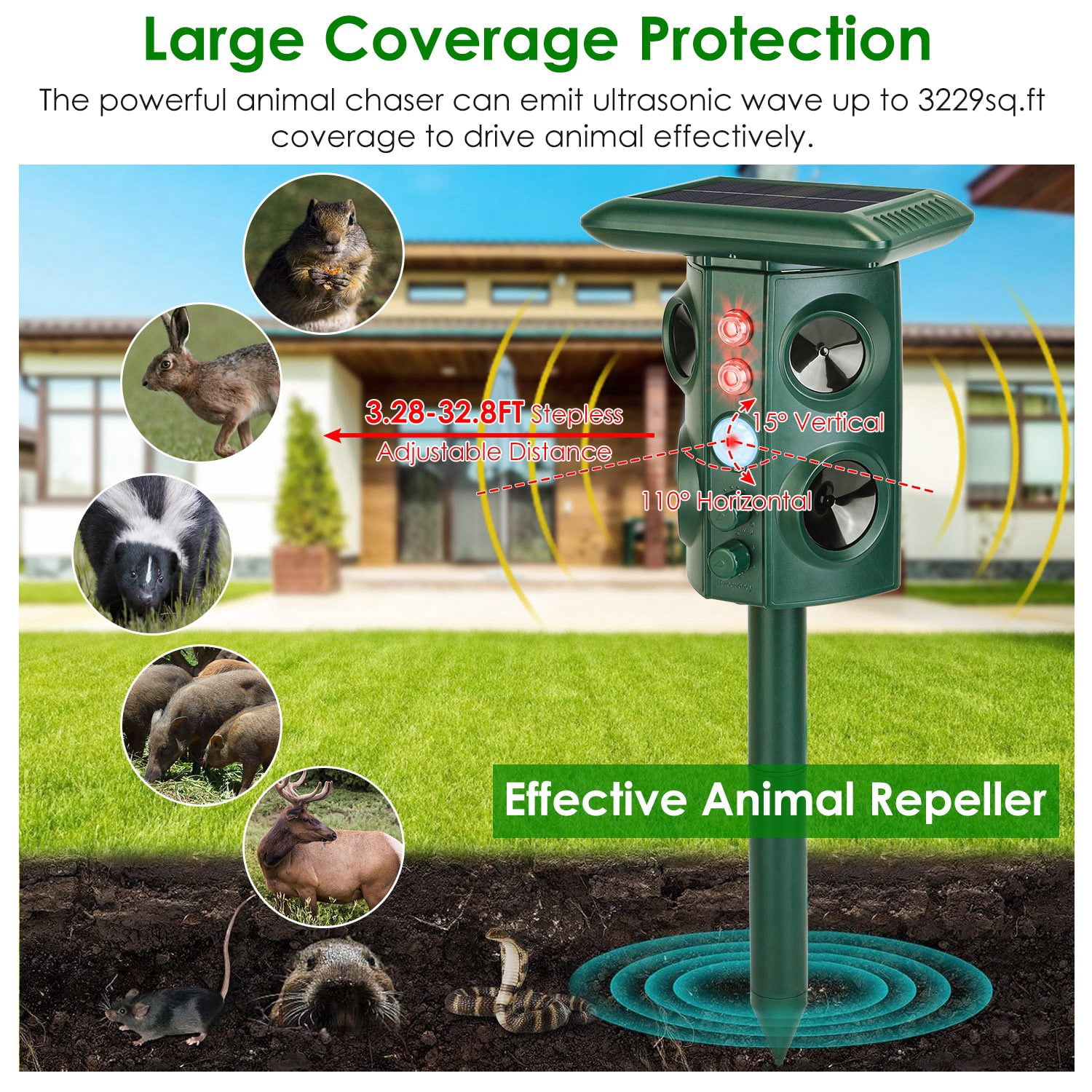 Imountek Solar Ultrasonic Animal Repeller, Garden Animal Chaser with PIR Motion Sensor IP65 Waterproof Sound Flashing Light for Deer Raccoon Squirrel Mice Snakes Cat Dog