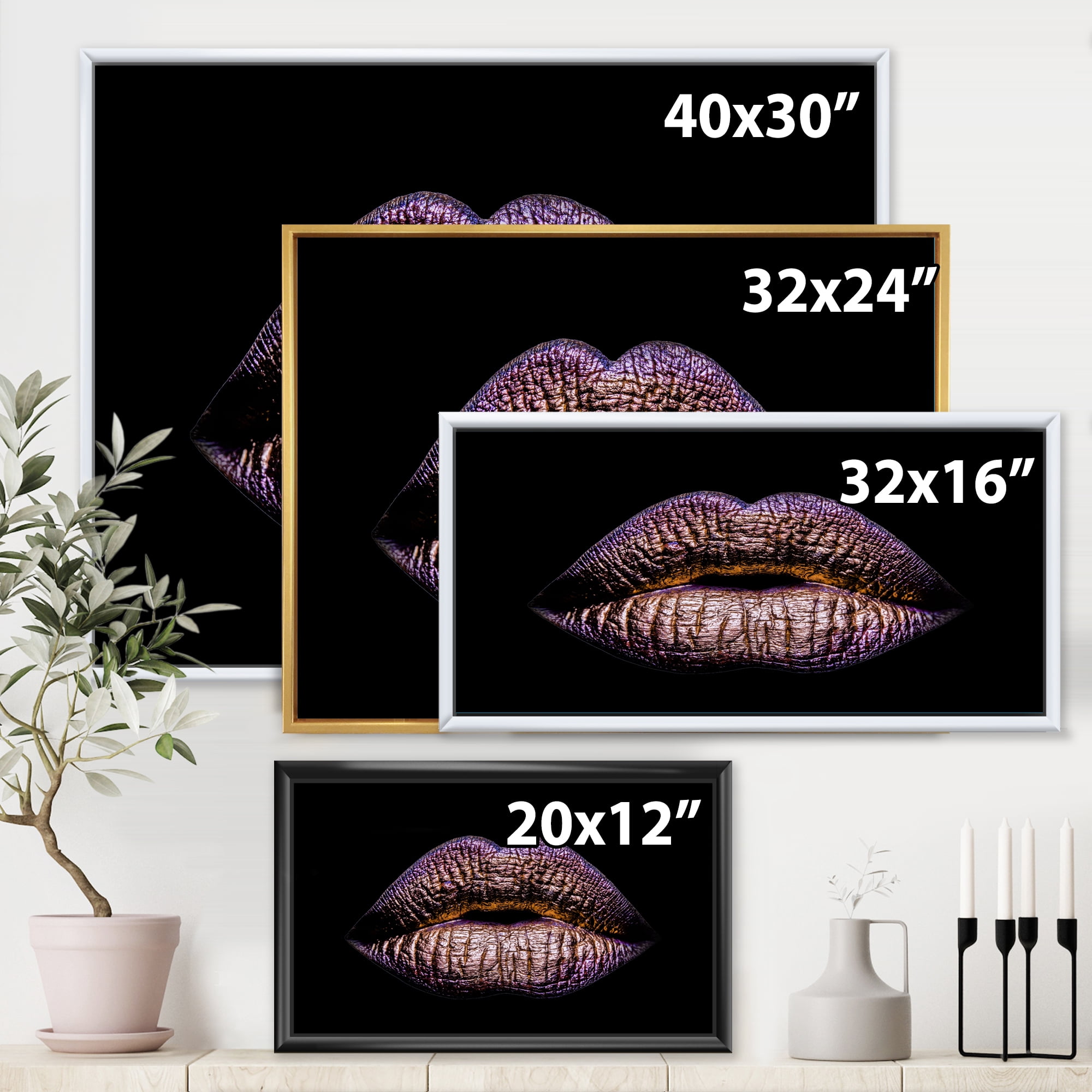 Designart 'Sexy Golden Metallized Woman Lips V' Modern Framed Canvas Wall Art Print