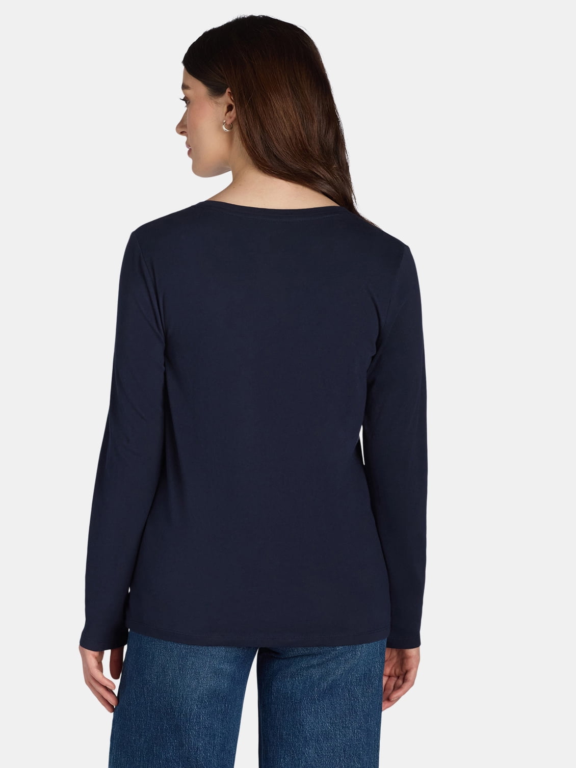 Time and Tru Women's Cotton Crewneck Tee with Long Sleeves, Single and 3 Pack, Sizes XS-XXXL