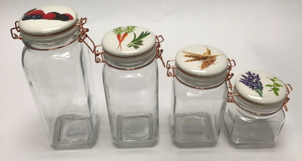 Clear Glass Canisters With Decal Ceramic Lid Fruit Carrot Wheat And Flower