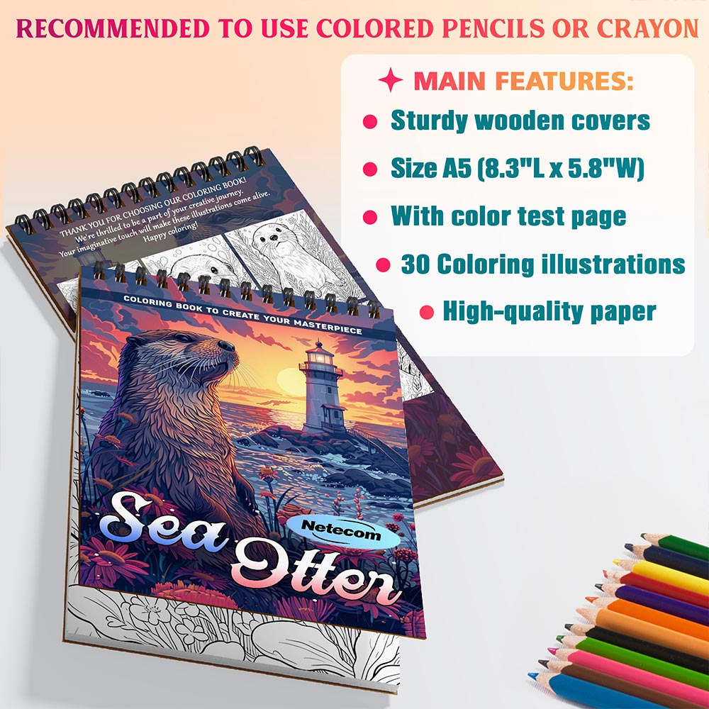 Netecom Sea Otter Coloring Book Spiral Bound For Adults, A5 Wooden Cover, 30 Joyful Coloring Pages of Marine Creatures for Stress Relief and Relaxation