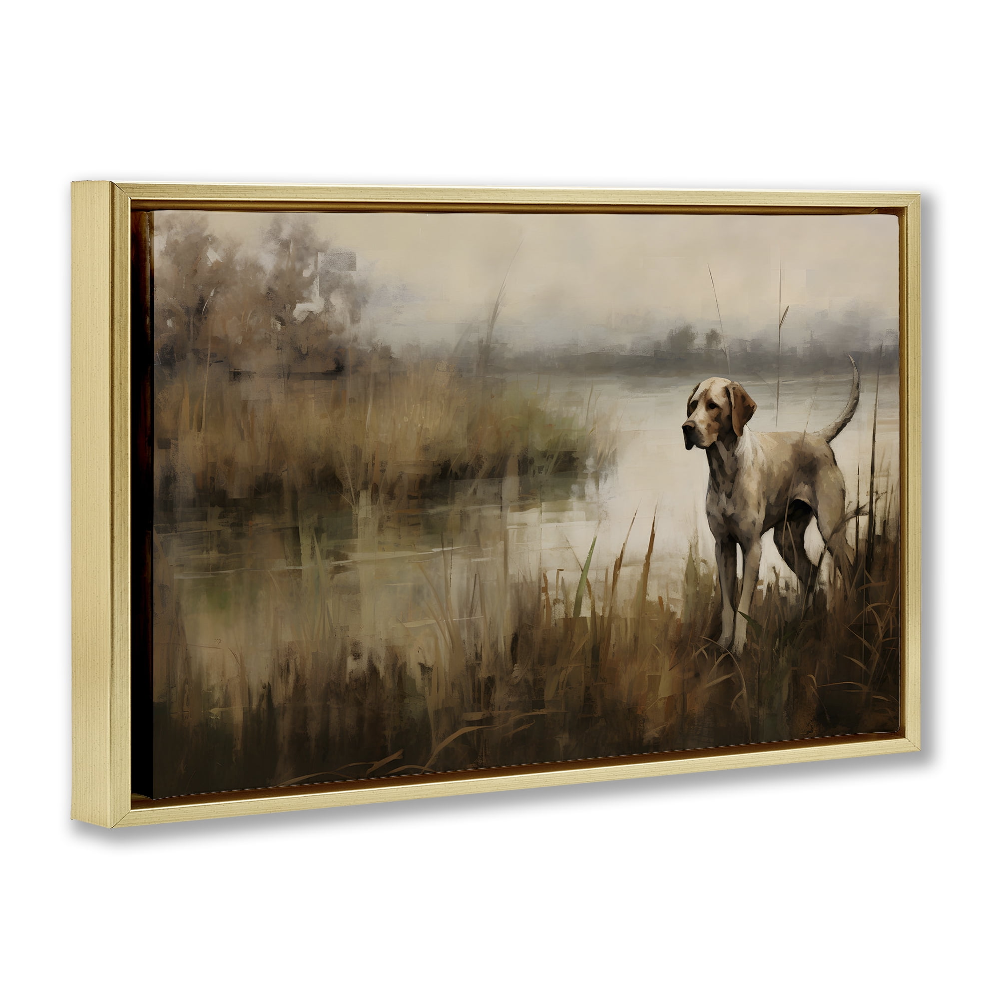 Stupell Industries Hunting Dog in Nature Landscape Painting Gold Floater Framed Canvas Art Print Wall Art, 25 x 17
