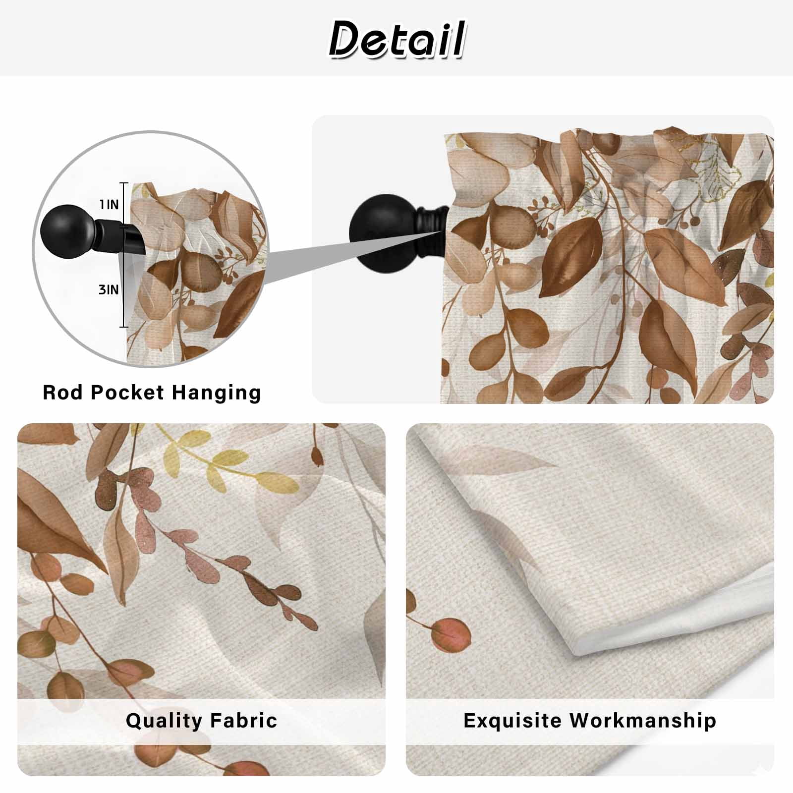 Brown Orange Eucalyptus Kitchen Curtains 54 Inch Length, Farmhouse Weeping Leaves Linen Tiers Curtains for Bathroom Bedroom Cafe, Light Filtering Small Window Treatment Drapes 2 Panels 42"Wx54"L