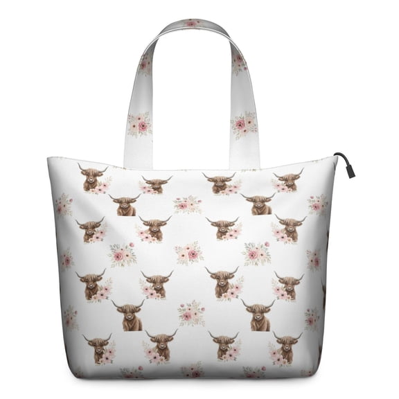 White Highland Cow Flower Pattern Travel Tote Bags for Women Carry On,Large Weekender Bags for Women Travel,Multi Functional Duffle Bag for Work,Shopping,Sports