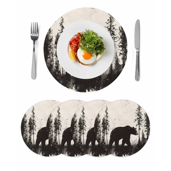 Black Bear Round 13 Inch Placemats Set of 4, Vintage Forest Cabin Animals Silhouette HeatResistant Non Slip Place Mats for Dining Table, Wipeable Braided Kitchen Table Mats for Housewarming