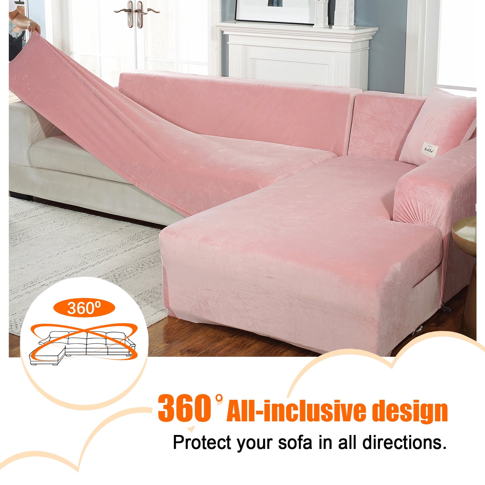 CJC Sectional Couch Covers, Velvet Stretch L Shape Sofa Covers, 2pcs Sofa Slipcovers for 3 + 4 Seaters Sectional Chaise Slipcover for Pets Kids, Pink