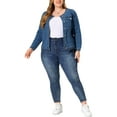 thumbnail image 3 of Agnes Orinda Women's Plus Size Long Sleeves Collarless Car Coat Denim Jacket 1X Light Blue, 3 of 9