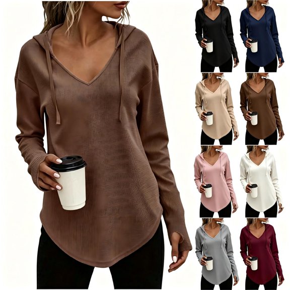 Tqcoqu Women's Waffle Knit Drawstring Hoodie,V Neck Thumb Hole Long Sleeve Casual Tops,2026 Spring Fall Trendy Clothes,Brown Women's S-XXL
