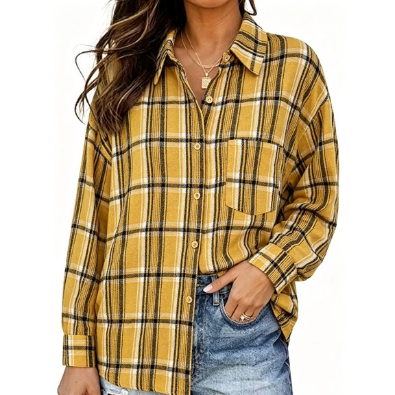 ClodeEU Women's Collared Button Down Long Sleeve Plaid Shirt,Casual Shacket with Chest Pocket ,Women's Plus L