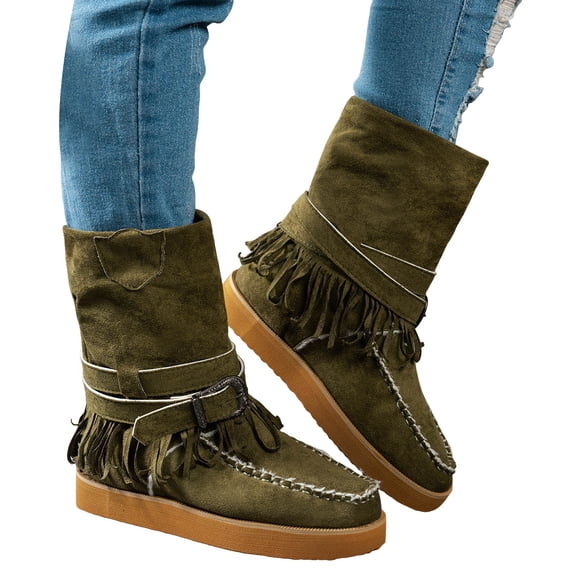 Platform Mid Calf Winter Boots for Women Vintage Suede Casual Tassel Wide Calf Boots Moc Toe Non Slip Work Boots