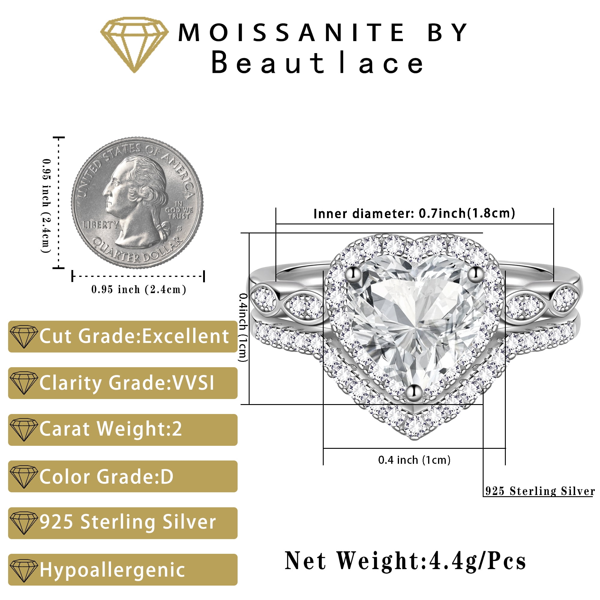 Beautlace 2Ct Heart Wedding Ring Set,Sterling Silver Moissanite Engagement Bridal Rings Set for Women Size 7