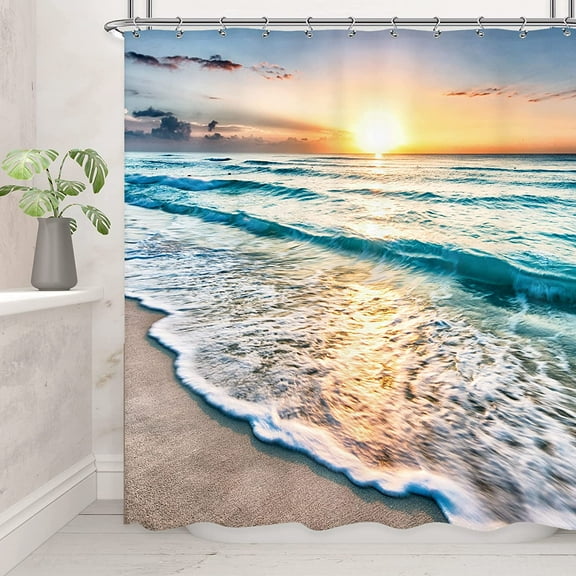 Beach Ocean Themed Cloth Fabric Decorative Shower Curtain Sets for Bathroom Sunrise Sunset View Scene 72x72 Inch Hawaii Seashore Summer Coastal Seaside Seascape 12 Hooks Waterproof BB-JWXP