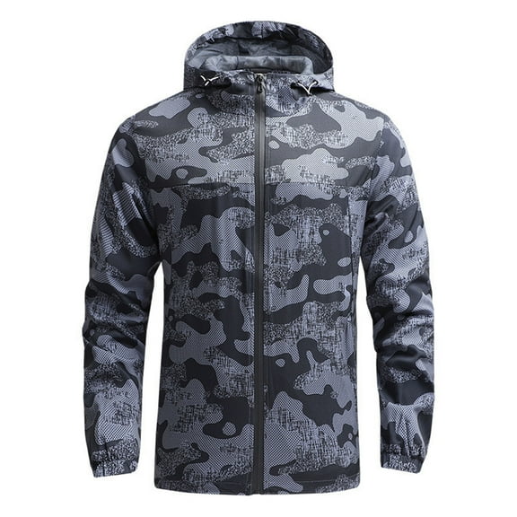 Men's Outdoor Casual Hooded Printed Jacket with Zipper - Quick-drying Thin Windproof & Waterproof Sports Windbreaker, Gray, Size L