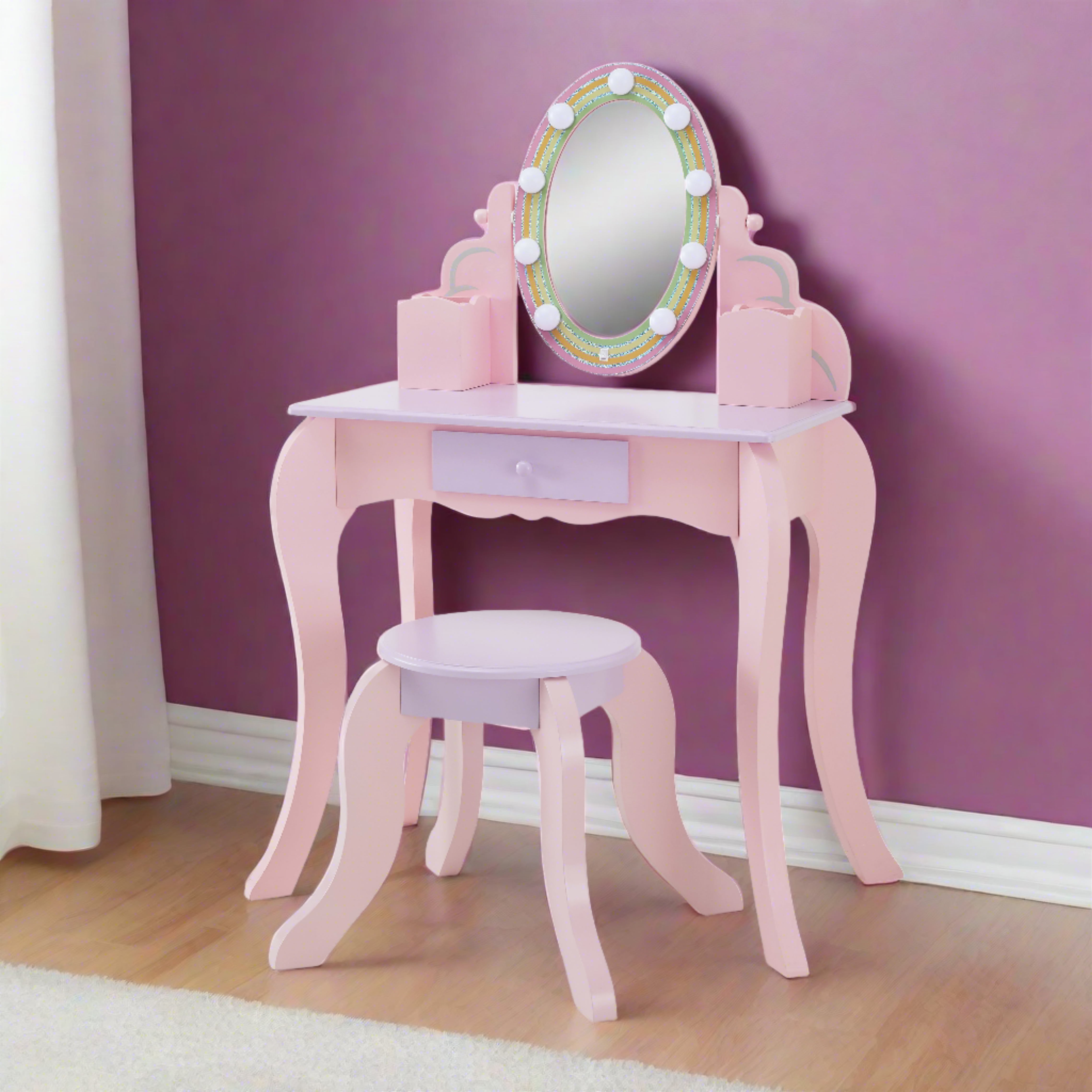 Guidecraft Kids Vanity and Stool Set Pink Children s Princess Pretend Play Dress Up Desk and Makeup Mirror with Storage Drawer Walmart