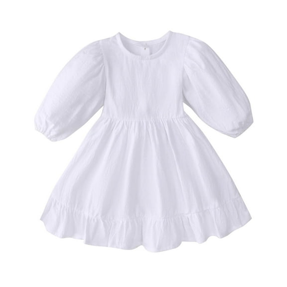 JSGEK Toddler Baby Girl Dress Long Puff Sleeved Round Neck Button Solid Color Princess Dresses White 2 Years