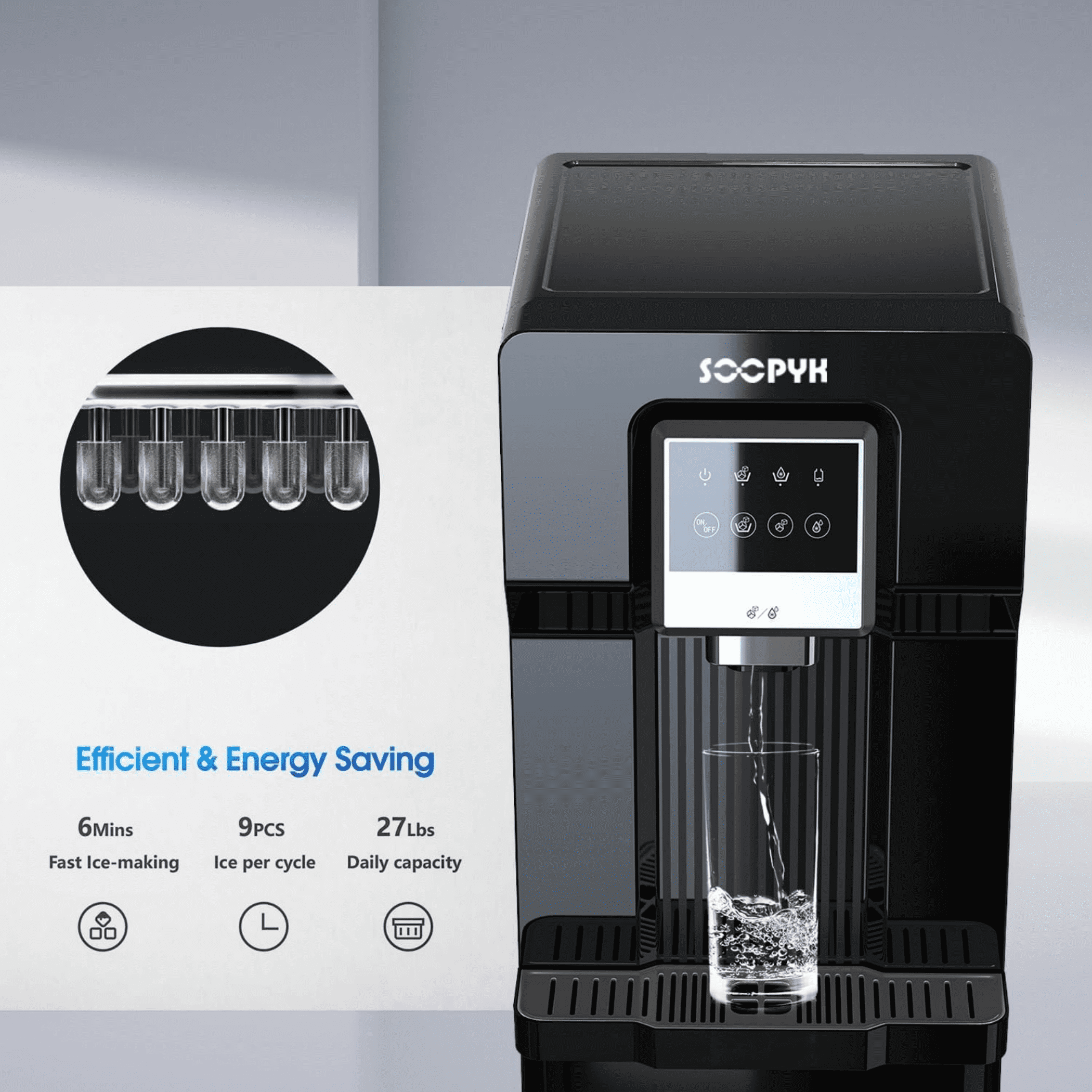 SOOPYK Water Dispenser with Ice Maker Bottom Loading  18lbs Ice Daily Capacity ,for 3–5 Gallon Bottles,for Home/Office,Black (No Hot Water)