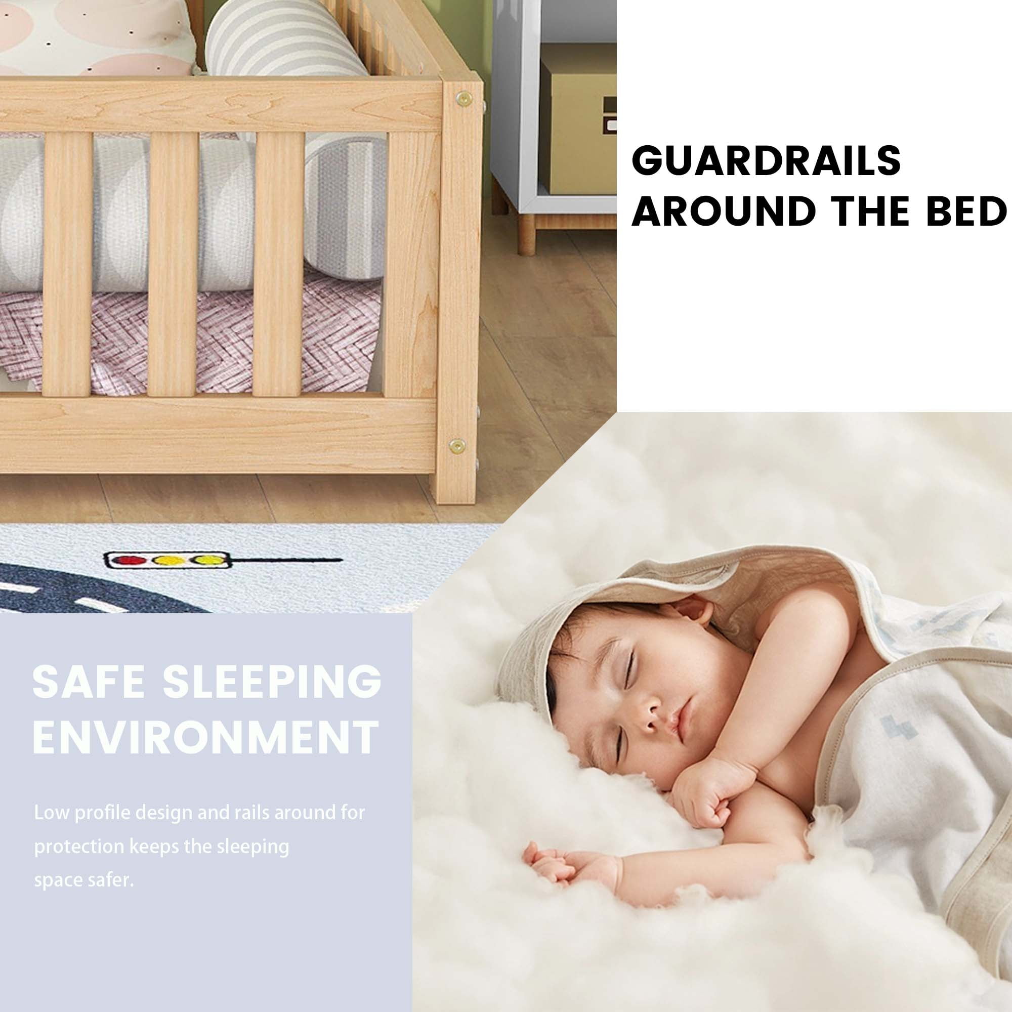 DEALTOPS Full Size Floor Bed with Safety Guardrails and Door Montessori Wood Bed Frame for Kids, Natural