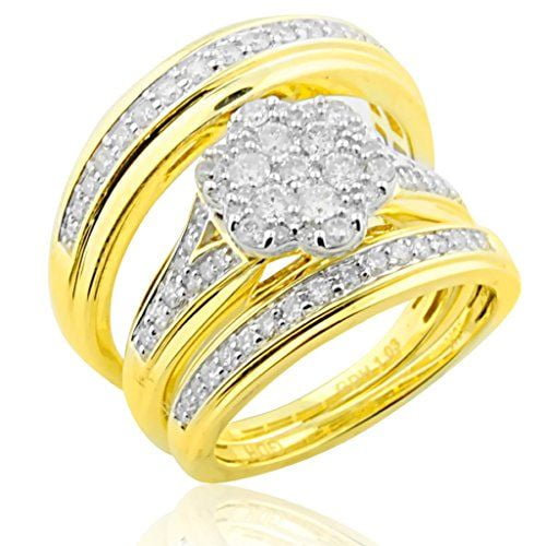 Bluebell Jewels 14K Yellow Gold Finish CZ Cluster Trio Bridal Wedding Ring Set for Wedding