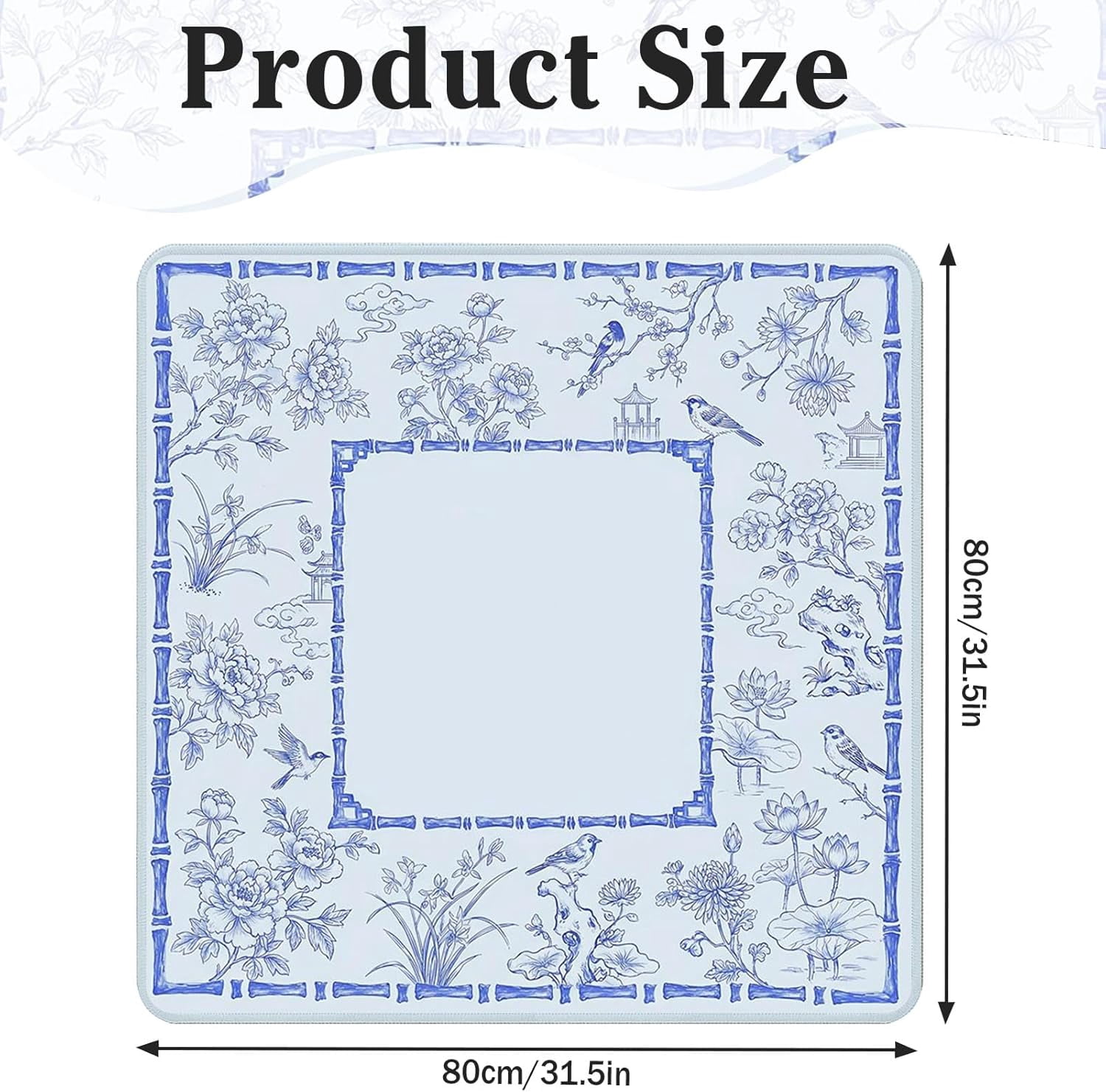 Mahjong Mat with Black Carrying Bag Blue Floral Bird Non-Slip Noise Reduction Gaming Mat 31.5" x 31.5" Rubber Multi Purpose Game Table Cover for Mahjong Card Dominoes Board Tile Games