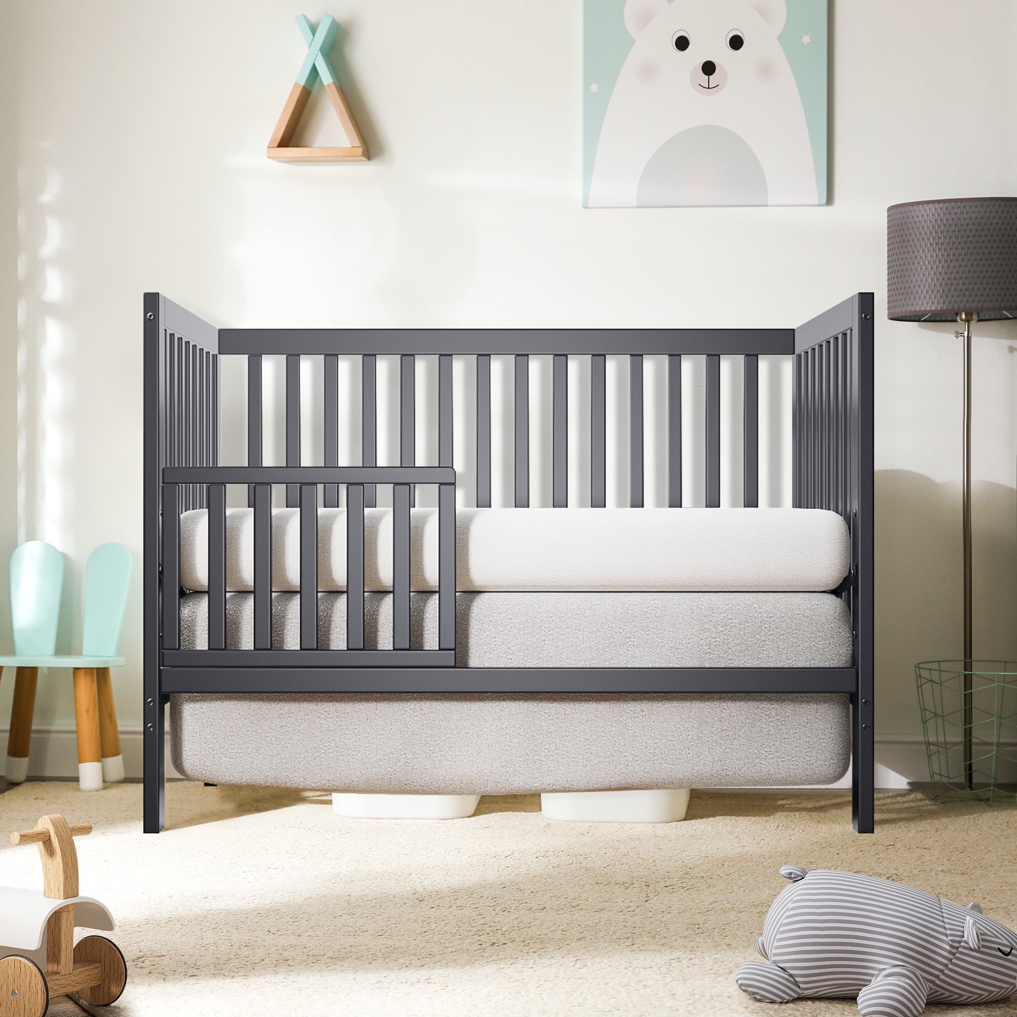Baby Convertible Crib 5-In-1, New Zealand Pinewood Baby Bed, Crib With 3 Height Adjustment, Non-Toxic Finish, No Conversion Kit Included, Gray