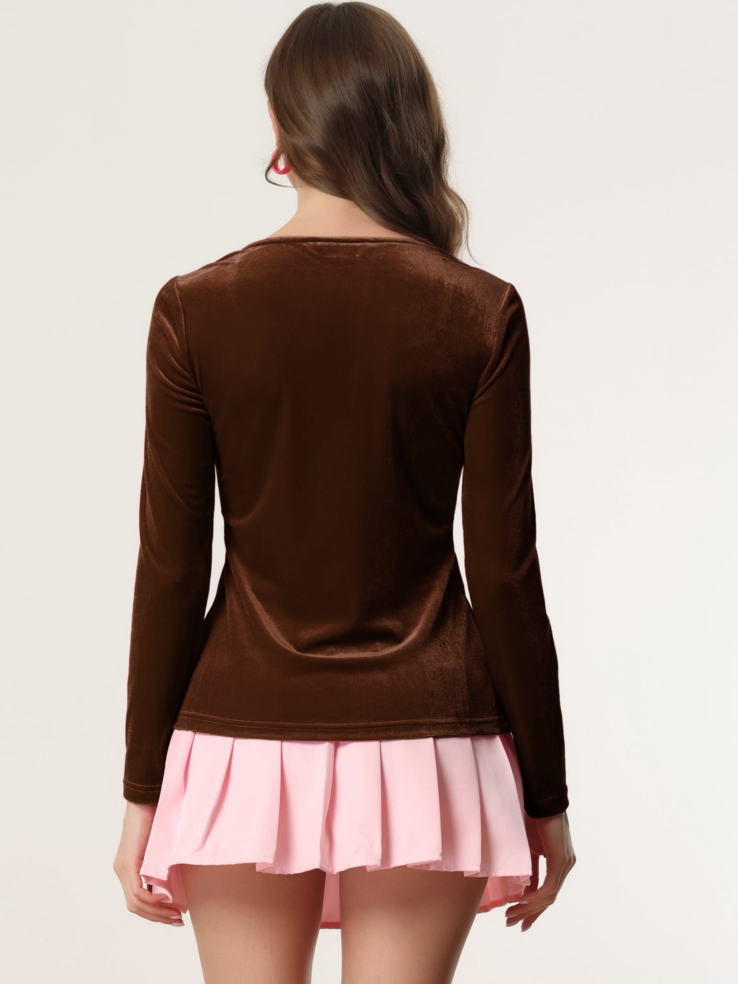 DARING DIVA Women's Velvet Sweetheart Neck Long Sleeves T-Shirt S Brown
