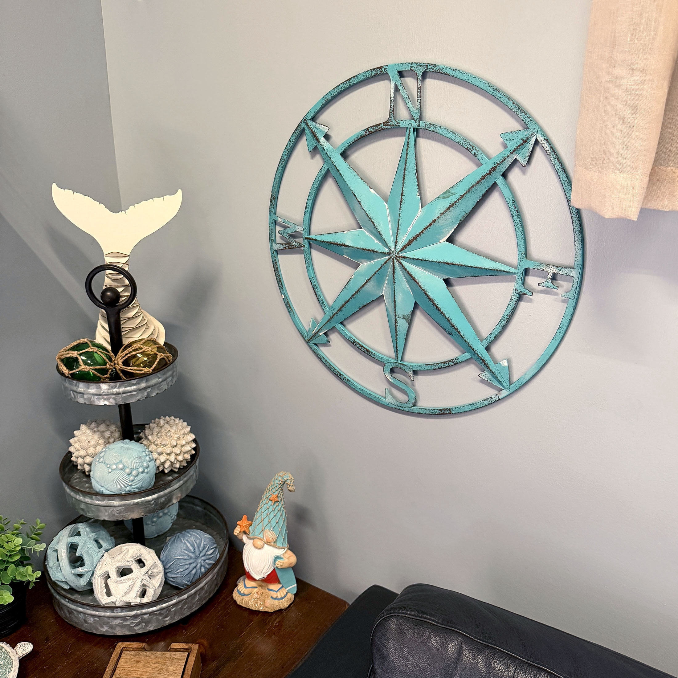 Zeckos Aqua Metal Compass Rose Wall Decor 20.25 inch Coastal Nautical Beach Art - Aqua - Size 20.25 inch diameter