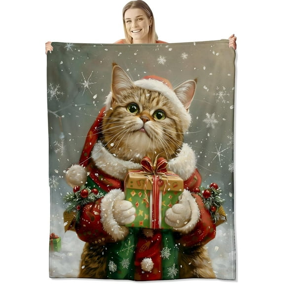 Christmas Blanket for Kids Women Men, Soft Lightweight Christmas Cat Throw Blanket for Sofa Bed Traveling Camping Idea Christmas Decor 60x50 inches