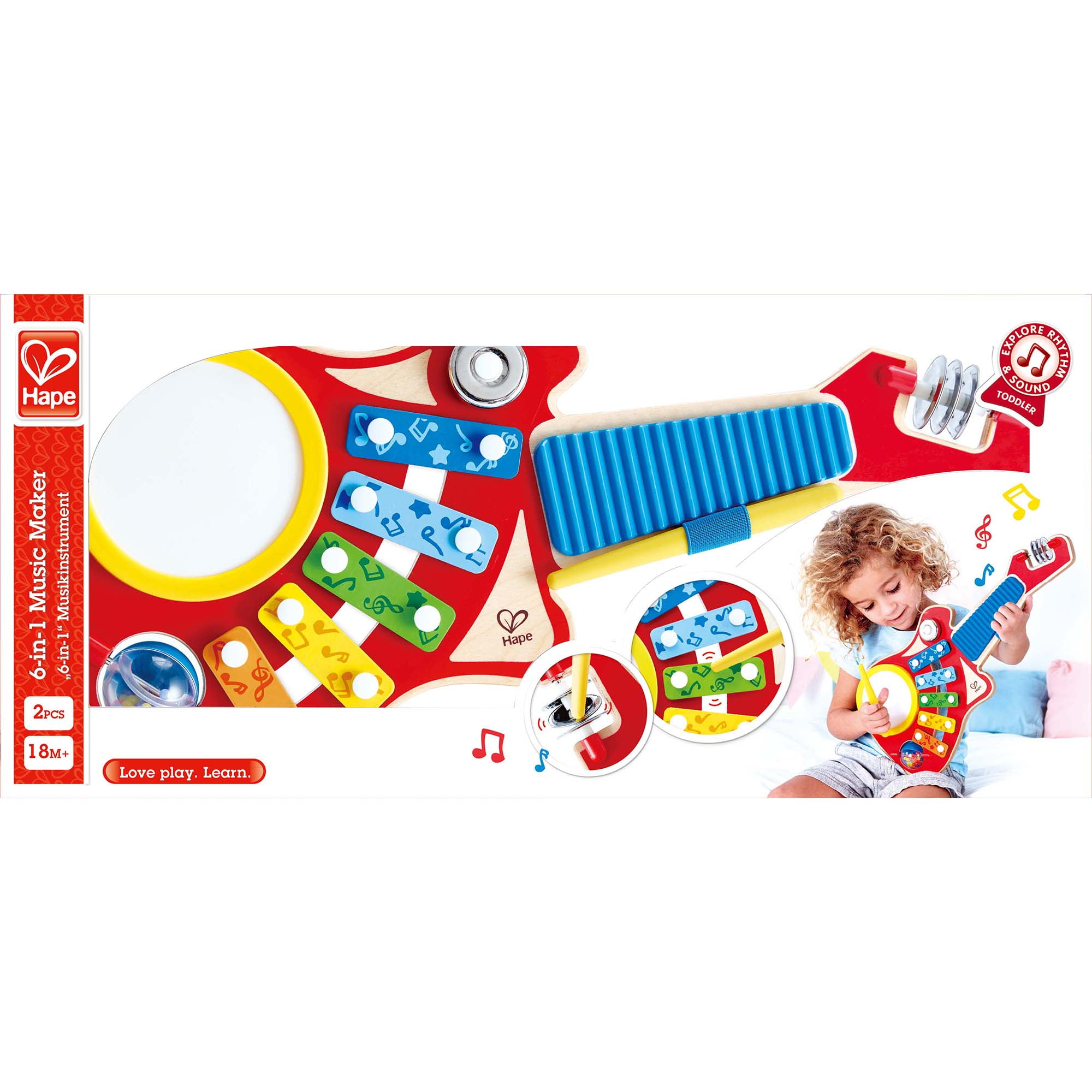 Hape: 6-In-1 Music Maker - Rainbow Colors, Wooden Guitar Shaped Musical Toy, 6 Instrument To Play, 19.2 x 18.9 x 8.7", Toddler & Kids Ages 18mo+