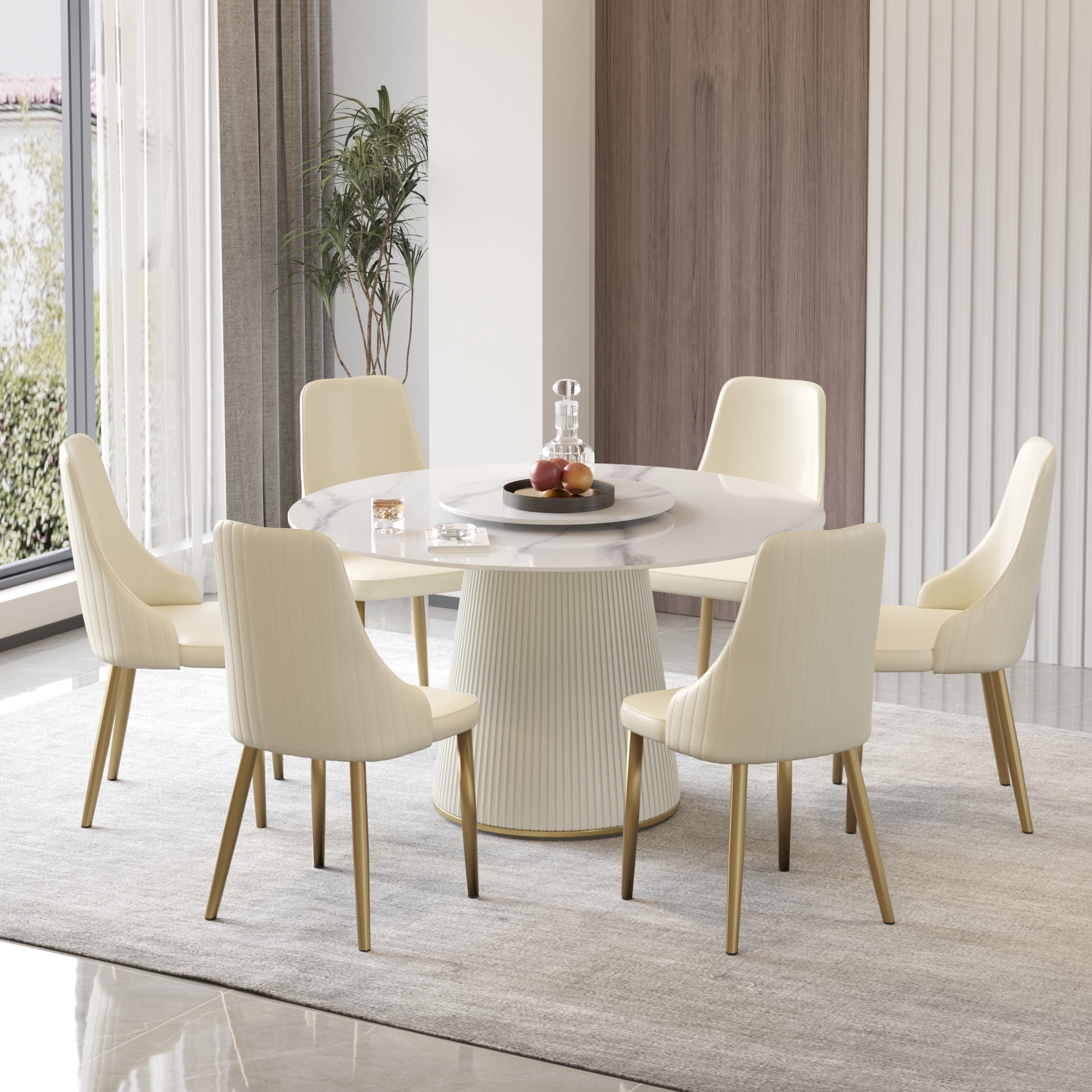 LovingAHome 53" Modern White Marble Sintered Stone Round Kitchen Dining Table with White (Only Table)