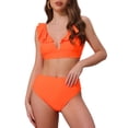 thumbnail image 1 of Bikini de dos piezas para mujer INSPIRE CHIC, volantes, escote en V, tirantes anchos, estampado de leopardo, lazo ajustable en la espalda, tamaño X-Small, color naranja, 1 of 5