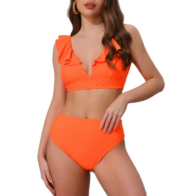 Bikini de dos piezas para mujer INSPIRE CHIC, volantes, escote en V, tirantes anchos, estampado de leopardo, lazo ajustable en la espalda, tamaño X-Small, color naranja