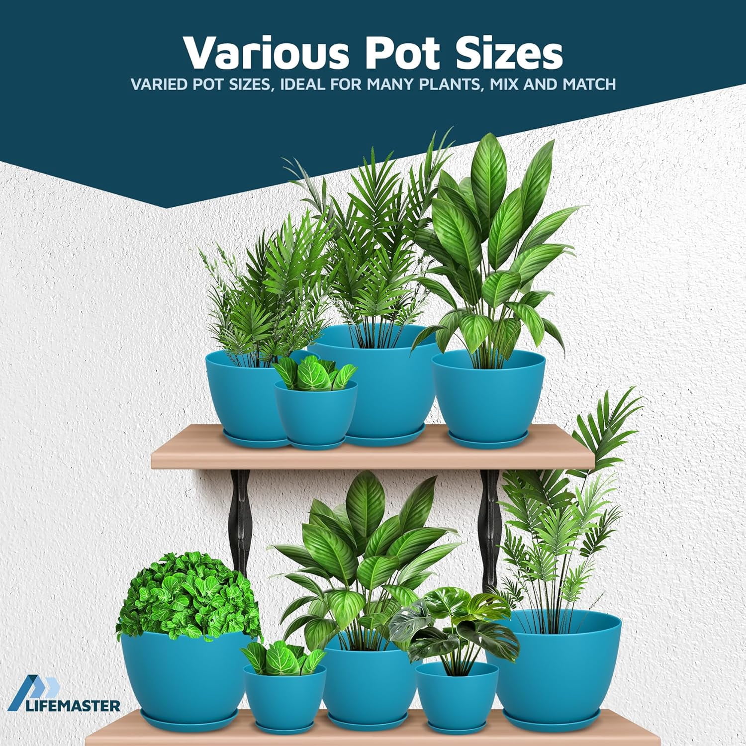 Blue Plant Pots with Drainage Holes & Saucers 20 Packs, Indoor & Outdoor Stackable Plastic Planters in Multiple Sizes for Houseplants & Flowers, Durable & Weatherproof Materials, Matte Finish