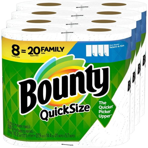 Bounty Quick-Size Paper Towels, White, 8 Family Rolls, 20 Regular Roll
