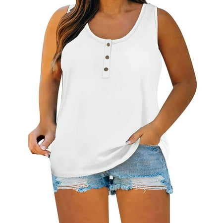 knqrhpse Womens Tops Tank Top For Women Summer Women Sleeveless Floral Printed Button Plus Size Tank Tops Loose Crew Neck Vest T Shirts Tunics Tee Corset Tops For Women White XXL
