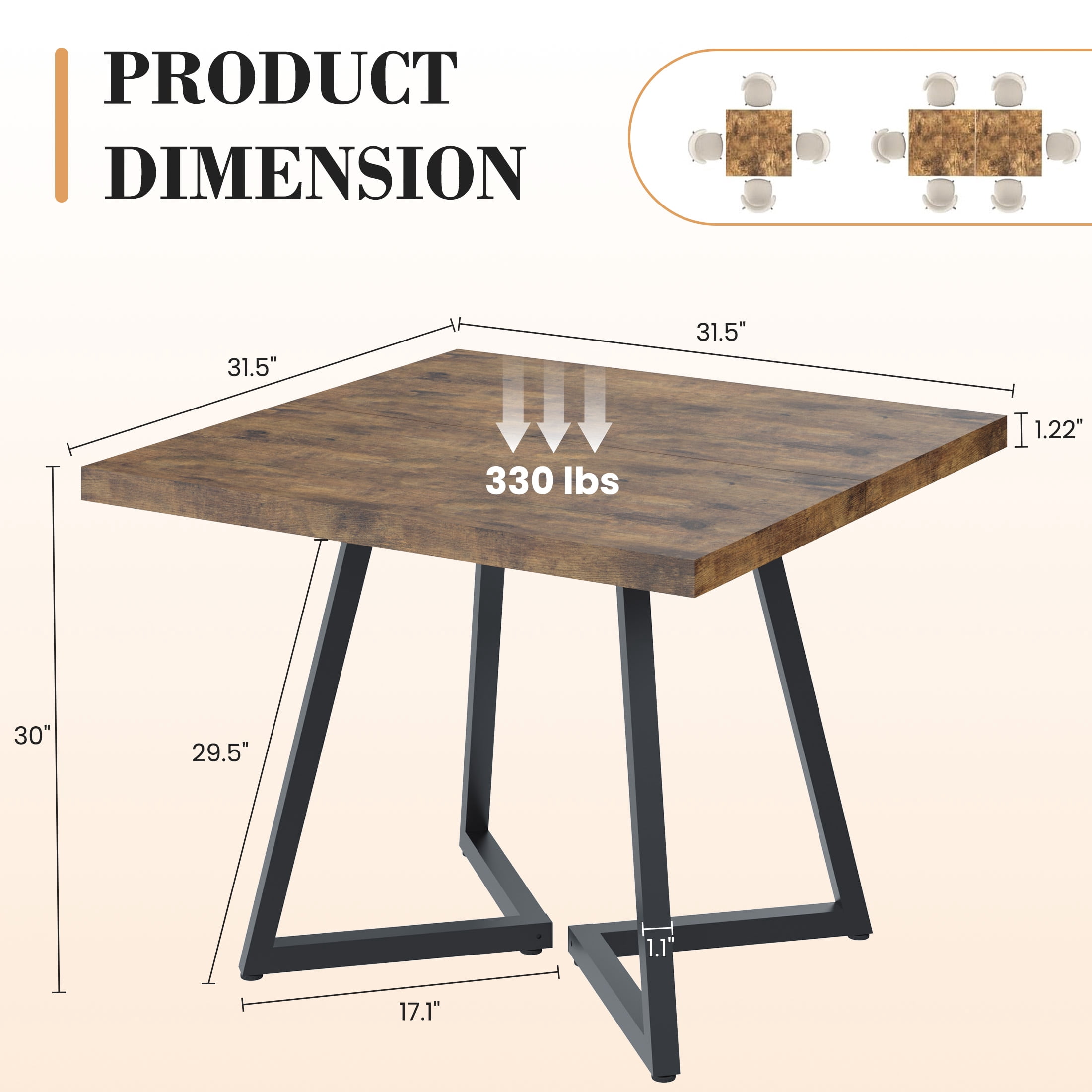 Gelloan 5-Piece Dining Table Set with 4 Chairs, Wooden Kitchen Table & Chairs Set for 4, Industrial Dinner Table with Metal Base, Perfect for Small Space, Easy Assembly,Rustic Brown